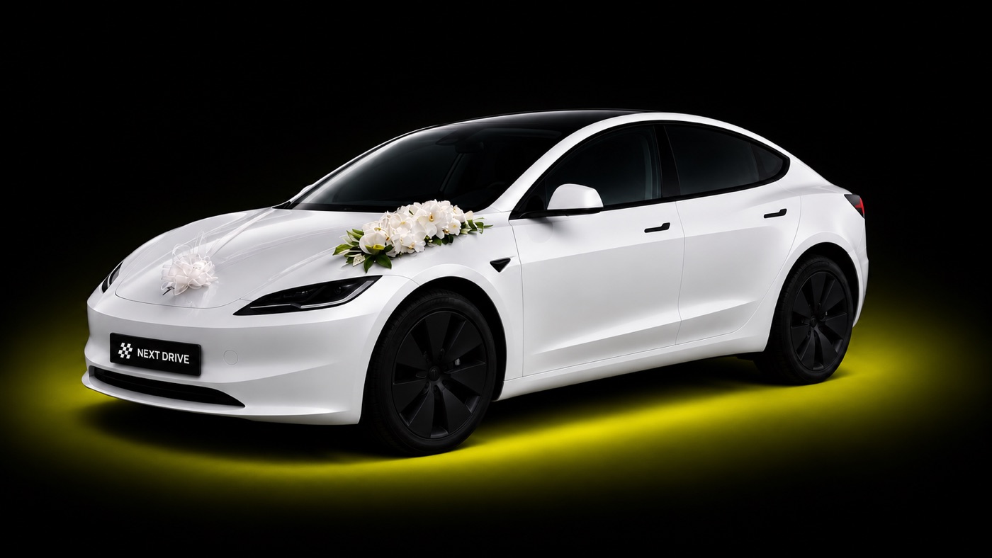 Tesla Model 3 Highland blanche décorée de fleurs blanches pour un mariage, la voiture des mariés de Next Drive VTC